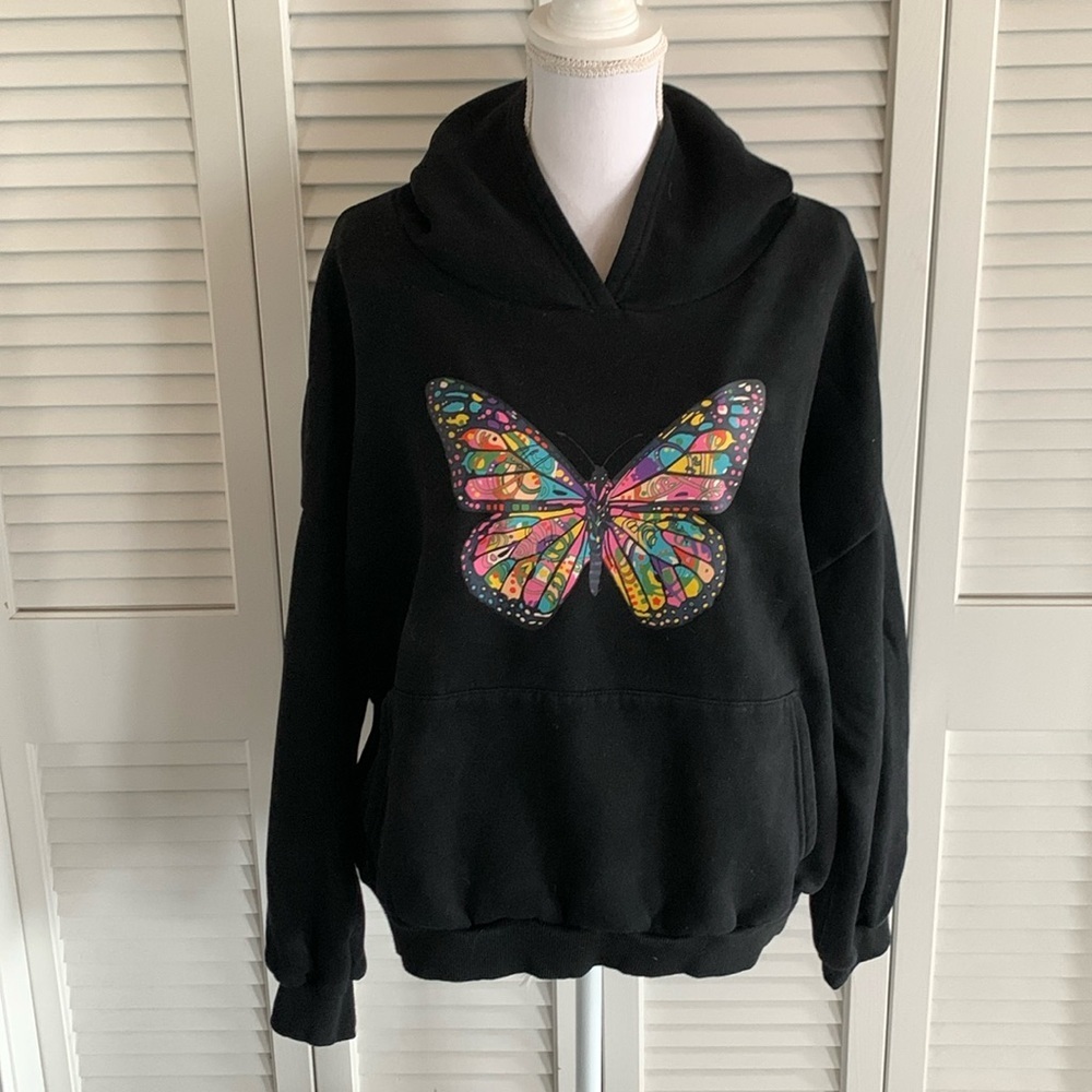 Adika Butterfly Hoodie Oversized Black Sweatshirt Multi Color Graphic Unisex OS